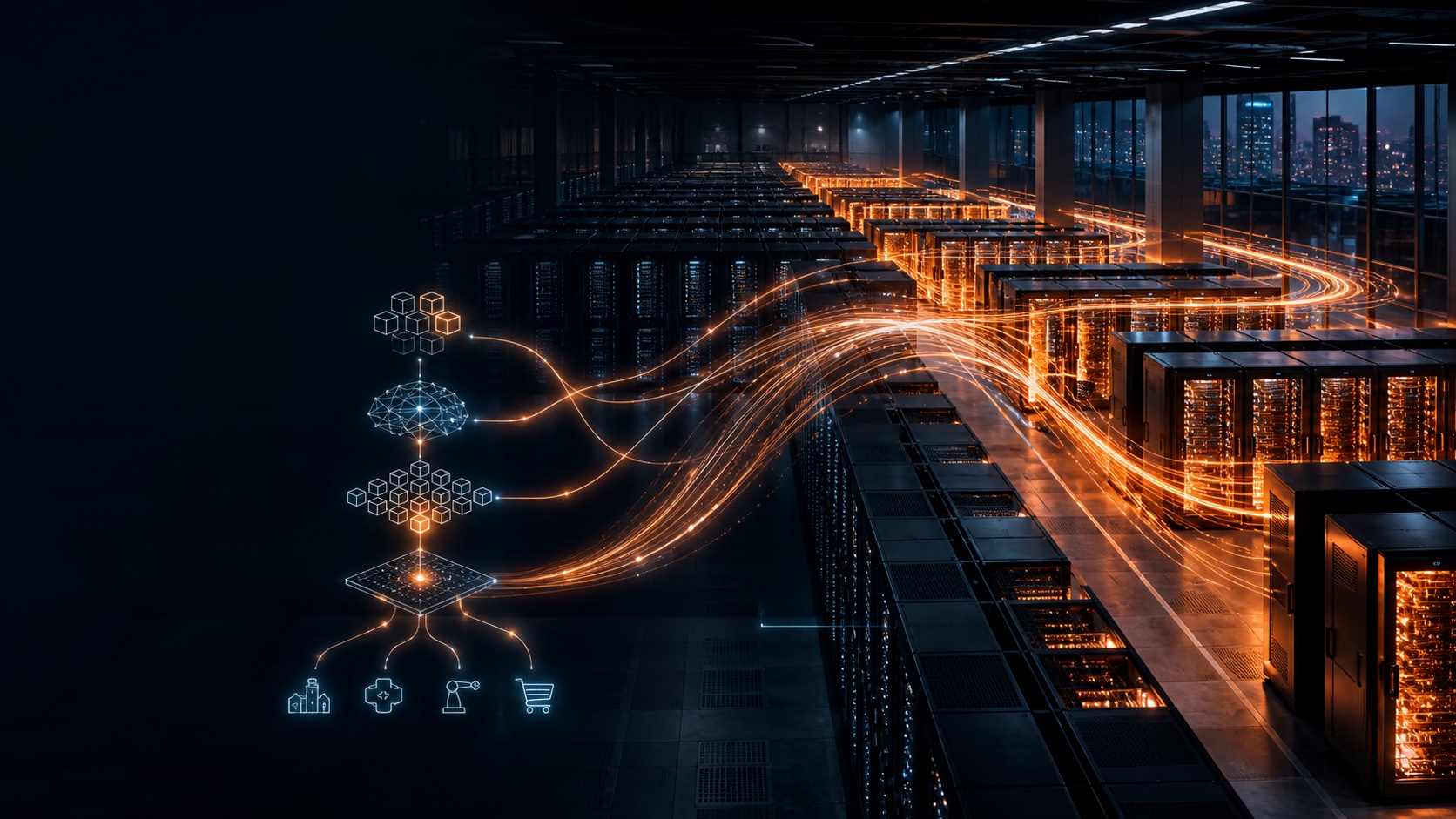 从闲置算力资源向持续运行的 AI 生产系统转变的概念视觉